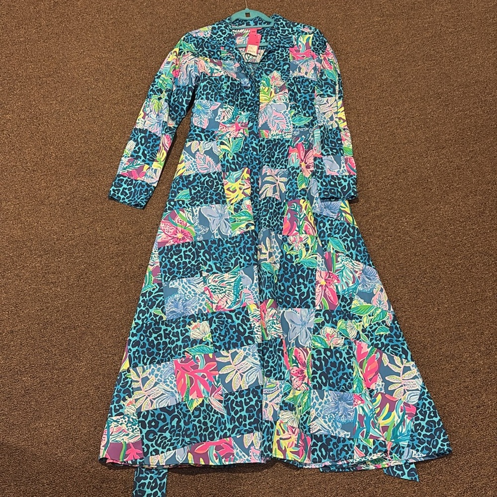 NWT Lilly Pulitzer Blue and Pink Long Sleeve Shirt Dress